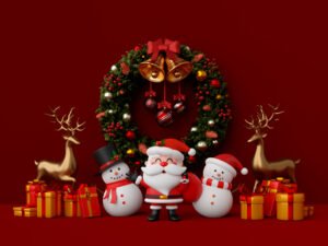 3d illustration christmas theme santa claus snowman with christmas wreath decoration