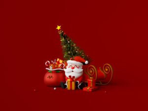 3d illustration santa claus with sleigh gift bag red background