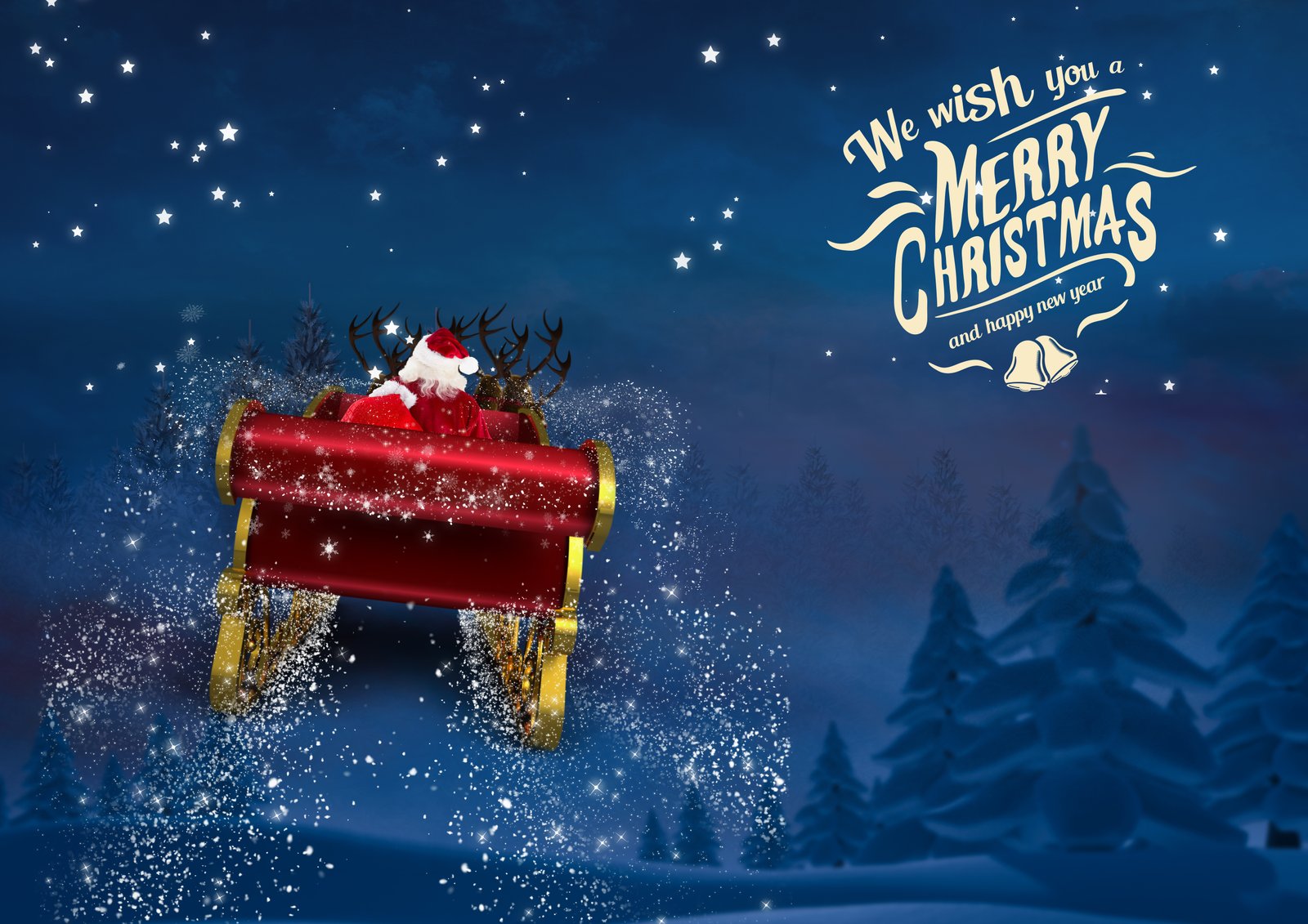 3d santa claus riding reindeer sleigh towards sky