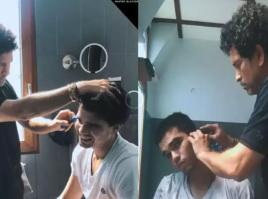 Sachin Tendulkar gives haircut to his son at home